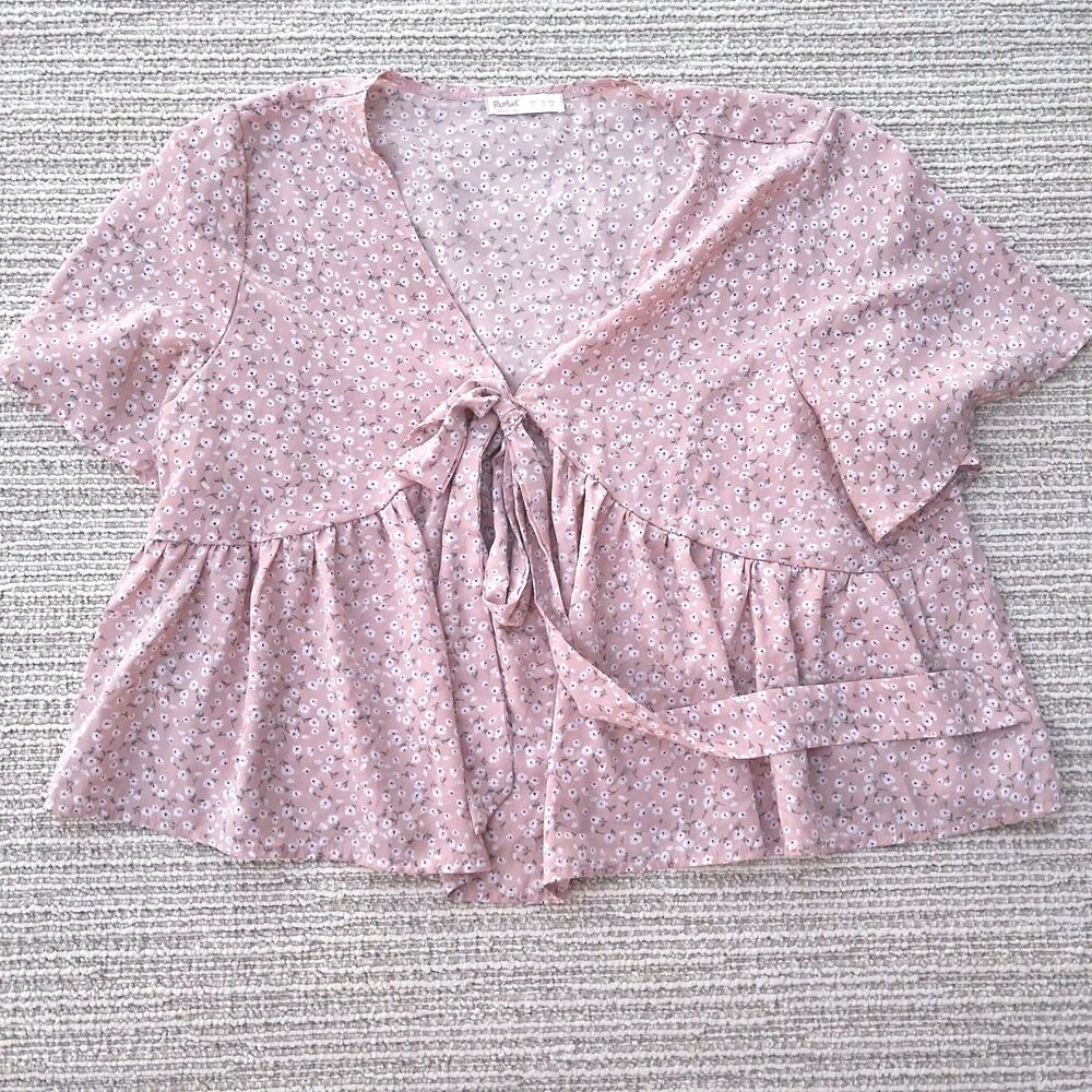 ROMWE PINK FLORAL TIE FRONT PEPLUM TOP SHORT SLEEVE BOHO CROP BLOUSE XL